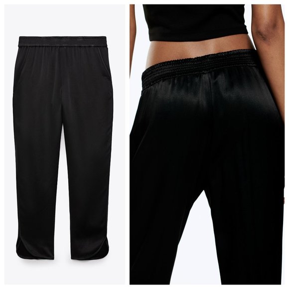 NWT Zara Black Satin High Waist Jogger Slit Hem Pants - Picture 3 of 7